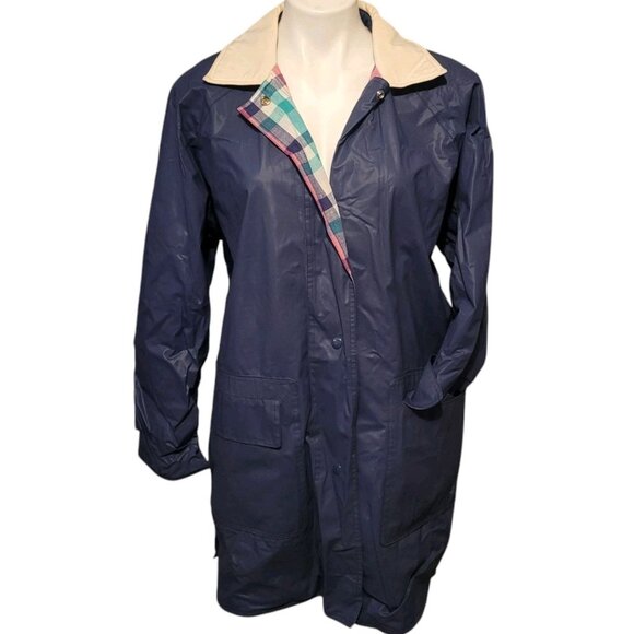 Vintage JG HOOK PVC Rain Coat Jacket Hood  Lined Zip Pockets Navy Blue Sz Small - Picture 1 of 9